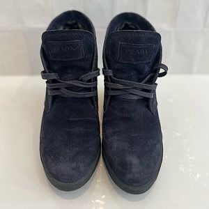Prada Sport Navy Suede Wedge Lace-up Boots